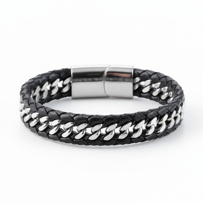 men's braided leather bracelet with stainless steel chain