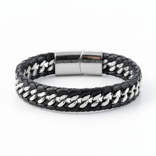 men's braided leather bracelet with stainless steel chain