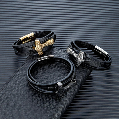 men's braided leather viking bracelets with mjolnir symbol