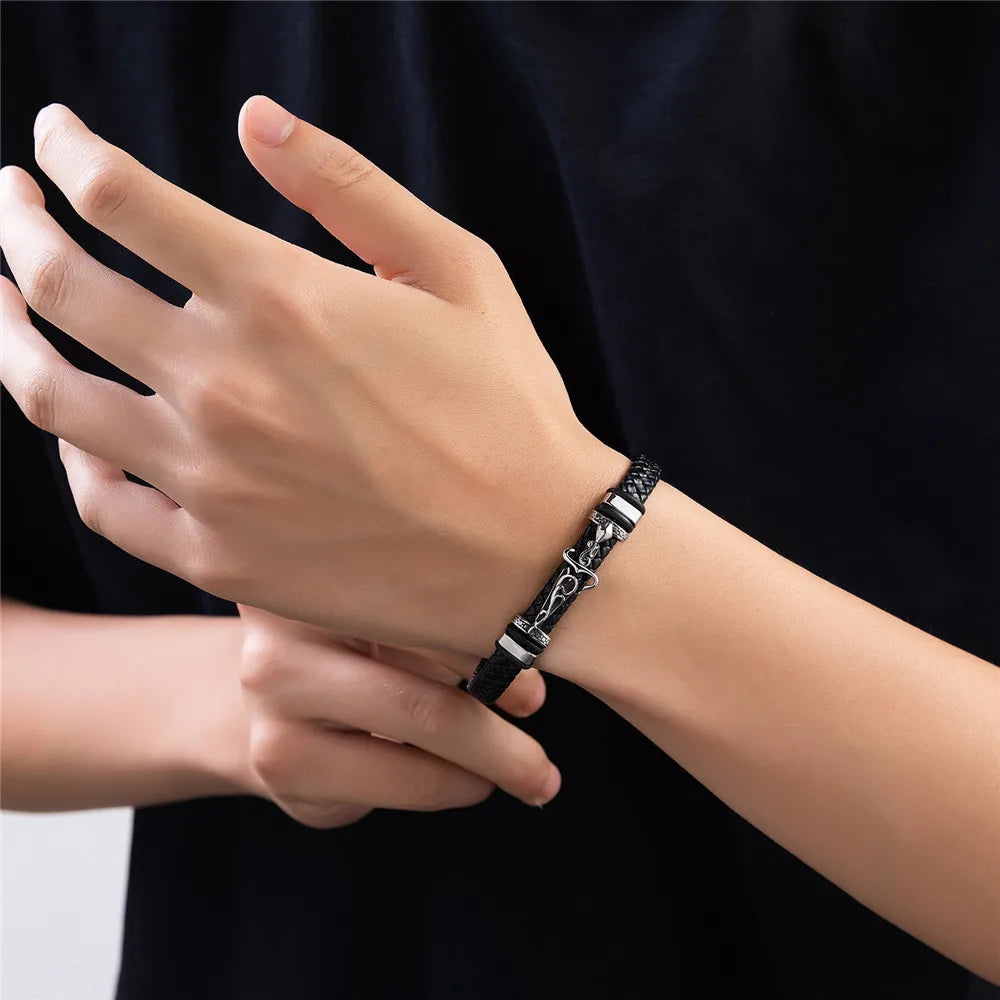 men's braided leather bracelet with viking sword charm