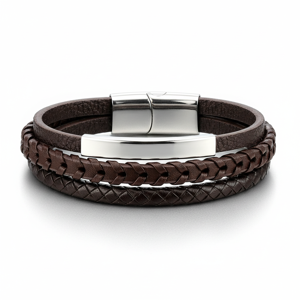 men's braided multilayer leather bracelet with stainless steel plate