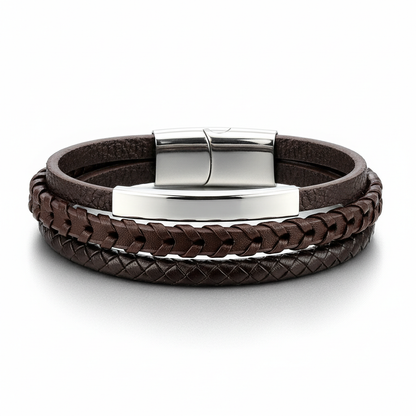 men's braided multilayer leather bracelet with stainless steel plate