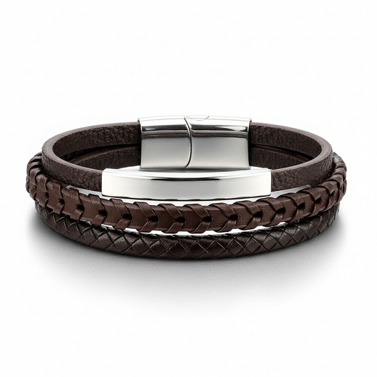 men's braided multilayer leather bracelet with stainless steel plate