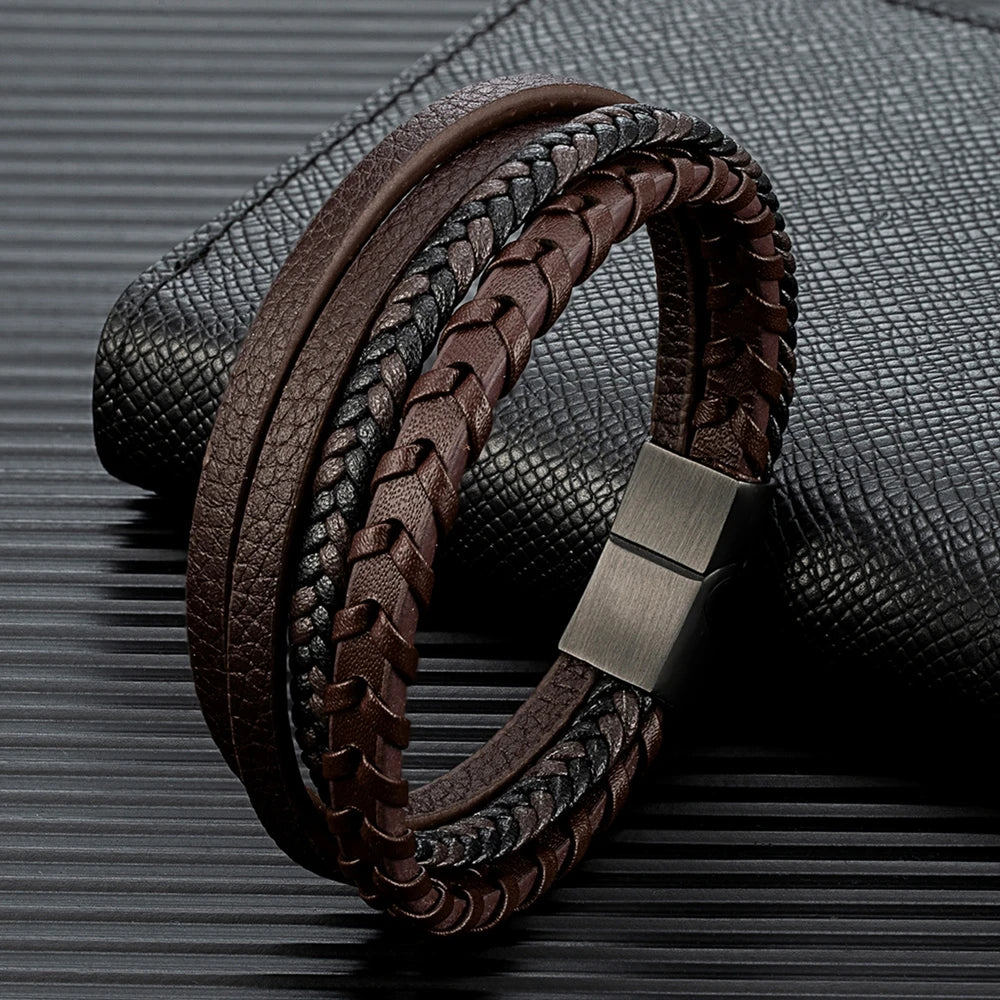 men's brown multilayer leather bracelet with braided design
