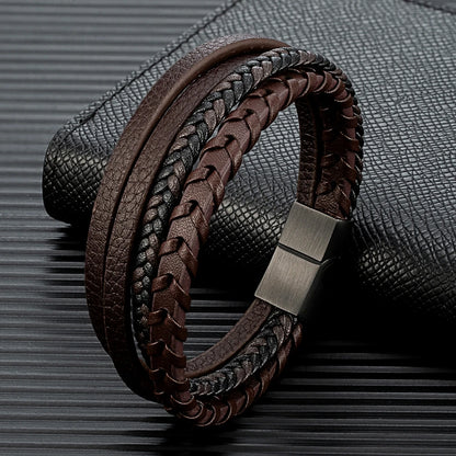 men's brown multilayer leather bracelet with braided design