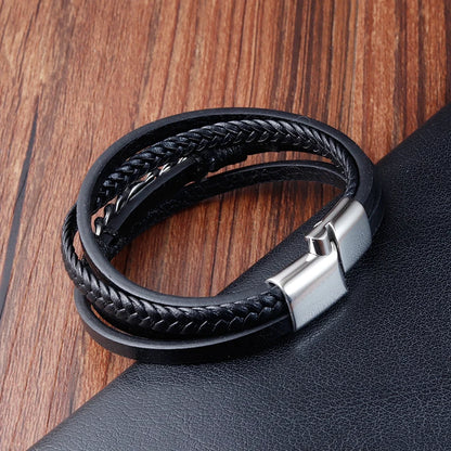 casual men's layered leather bracelet with magnetic clasp