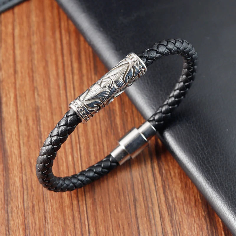 casual men's braided leather bracelet with stainless steel accent
