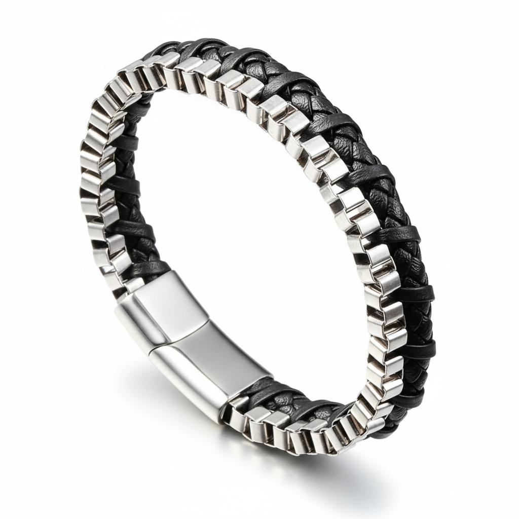 men's stainless steel chain leather bracelet black minimalist design