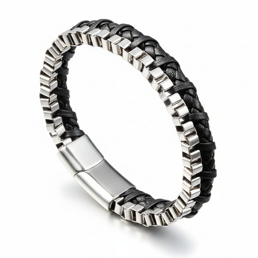 men's stainless steel chain leather bracelet black minimalist design