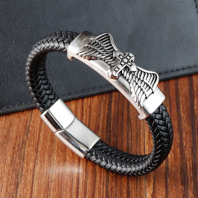 men's Christian cross leather bracelet with wings design