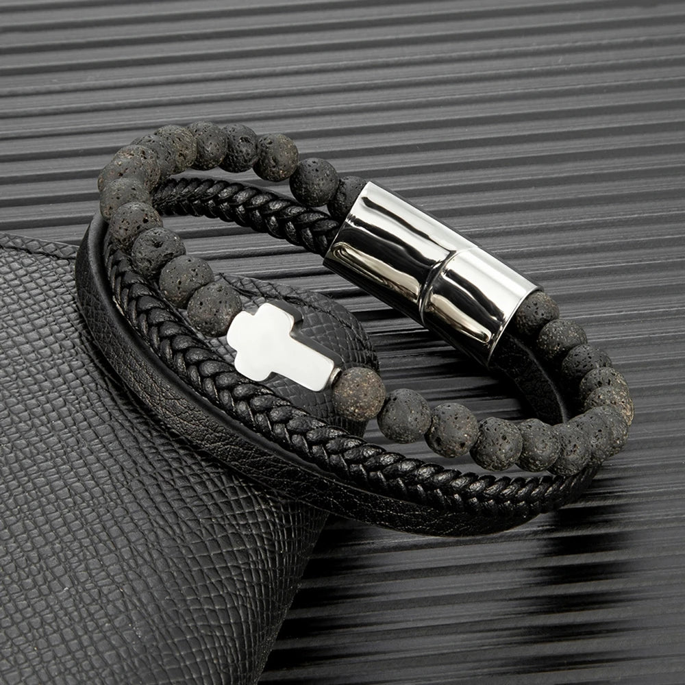 christian cross bracelet for men with lava stone beads