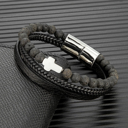 christian cross bracelet for men with lava stone beads