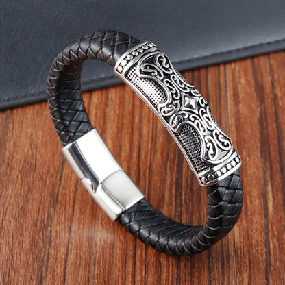 men's christian cross bracelet black leather braided design