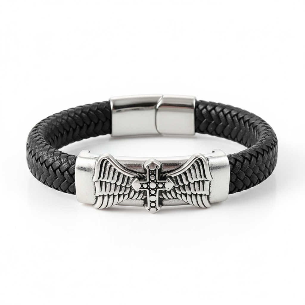 men's cross leather bracelet with wings stainless steel
