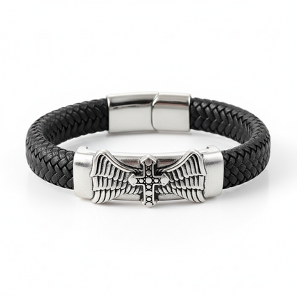 men's cross leather bracelet with wings stainless steel
