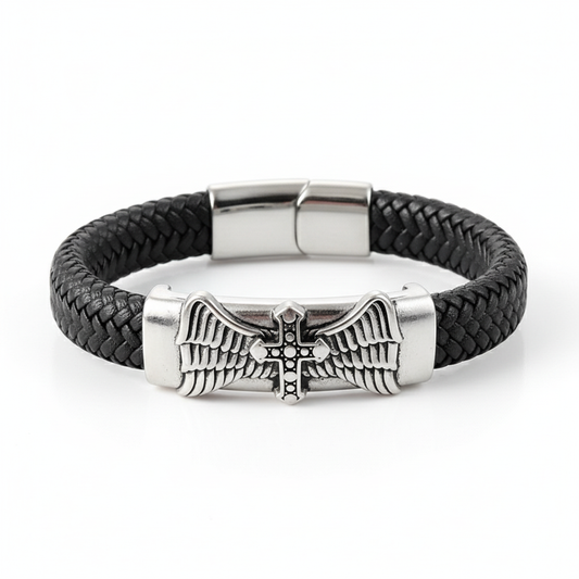 men's cross leather bracelet with wings stainless steel