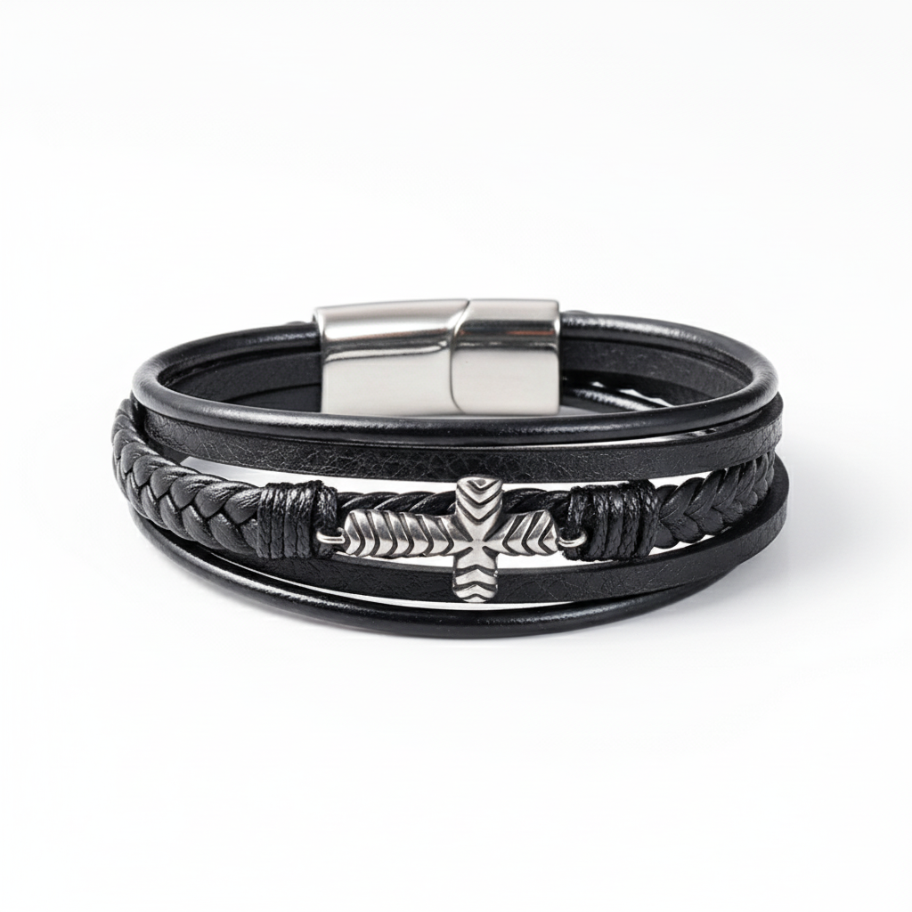 men's cross leather bracelet multi layer stainless steel design