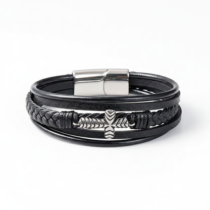 men's cross leather bracelet multi layer stainless steel design