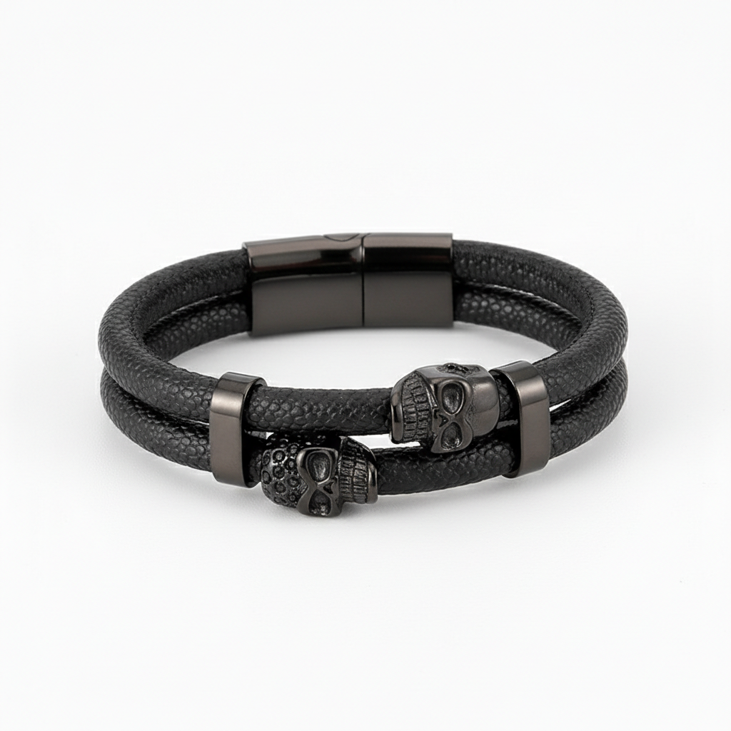 men's double skull leather bracelet with stainless steel clasp