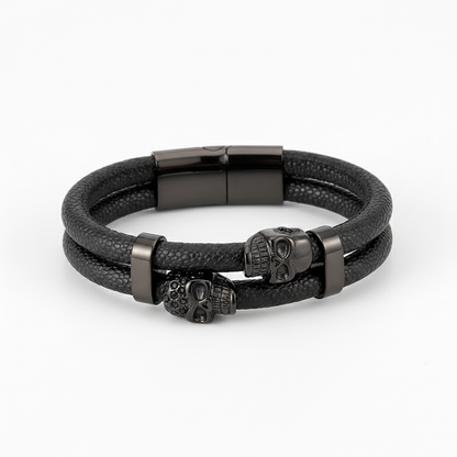 men's double skull leather bracelet with stainless steel clasp