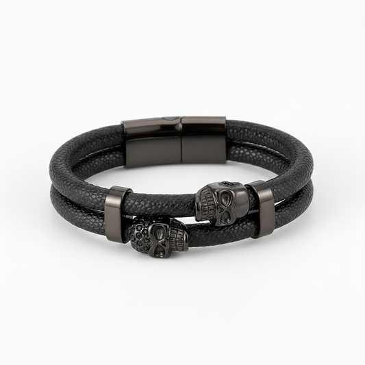 men's double skull leather bracelet with stainless steel clasp
