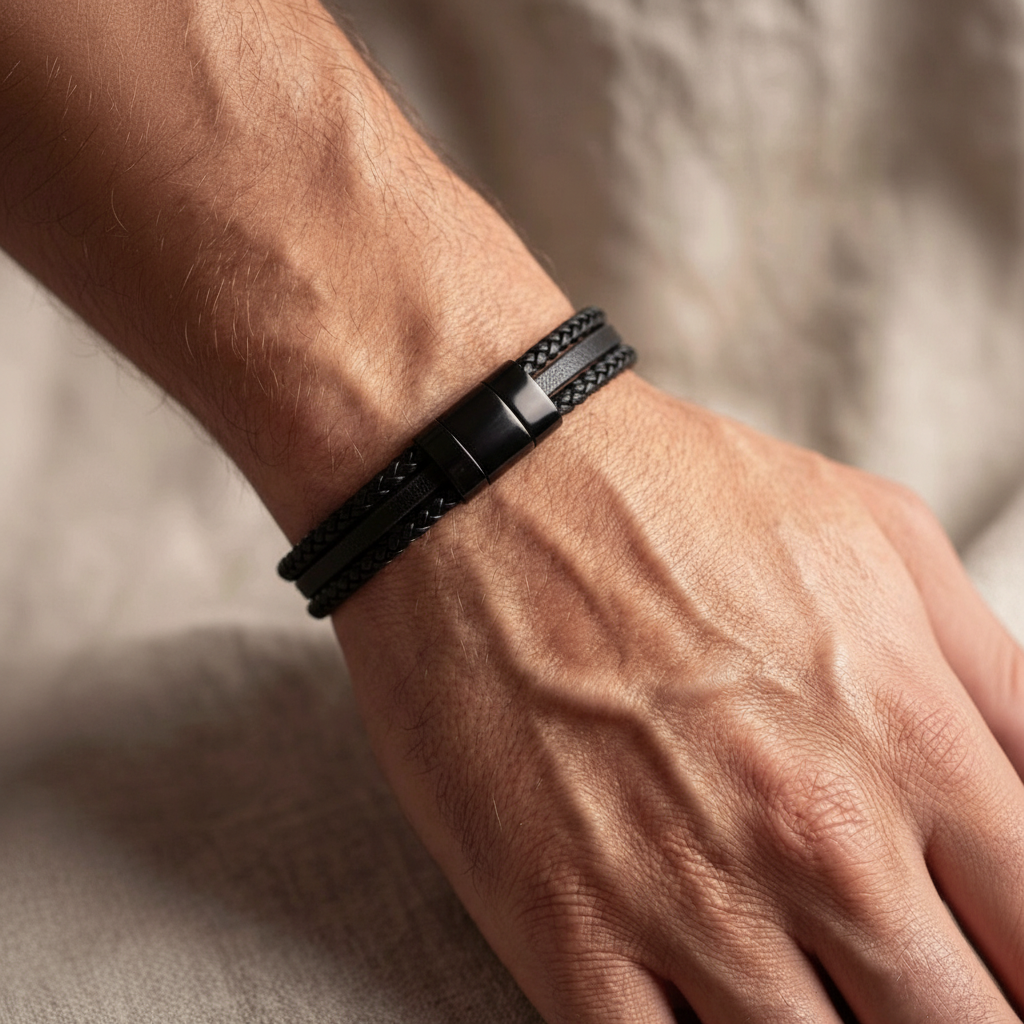 men's double strand braided leather bracelet with magnetic clasp on wrist