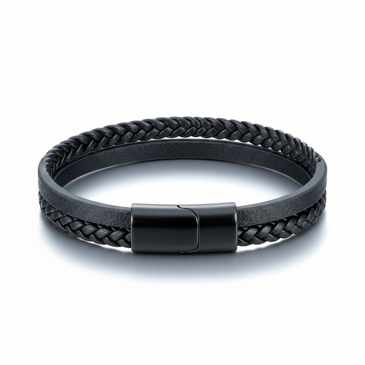 men's double strand braided leather bracelet with magnetic clasp