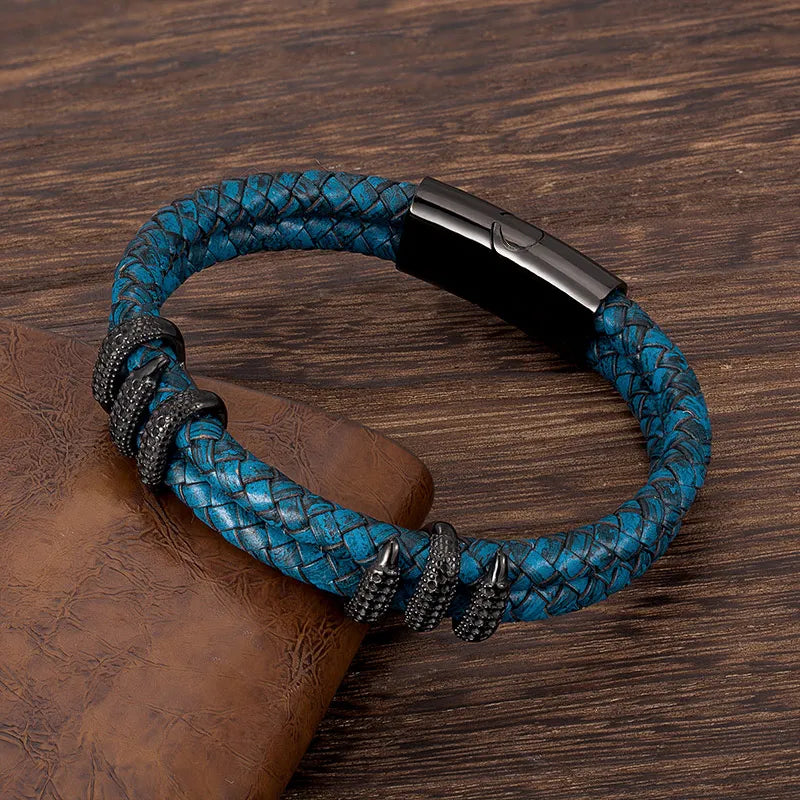 men's blue leather bracelet with dragon claw centerpiece