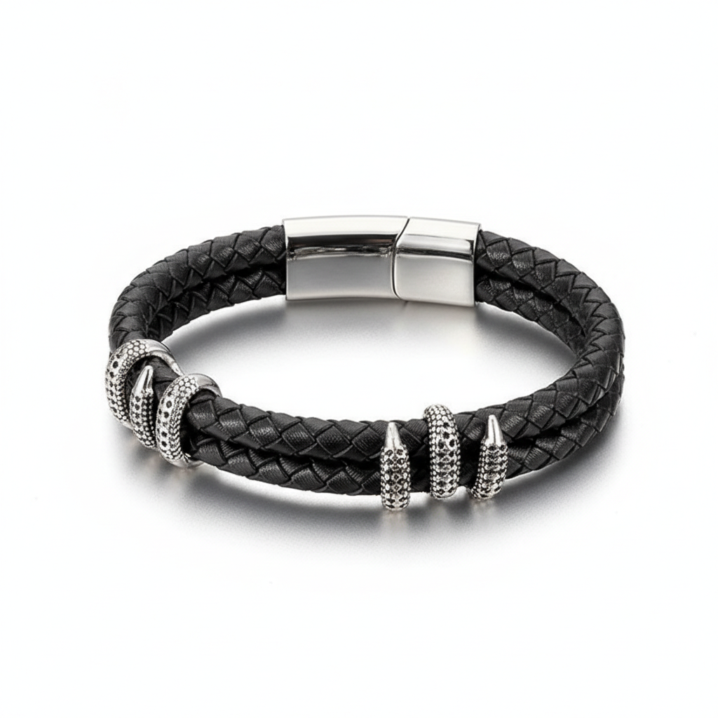 men's dragon claw braided leather bracelet with stainless steel clasp