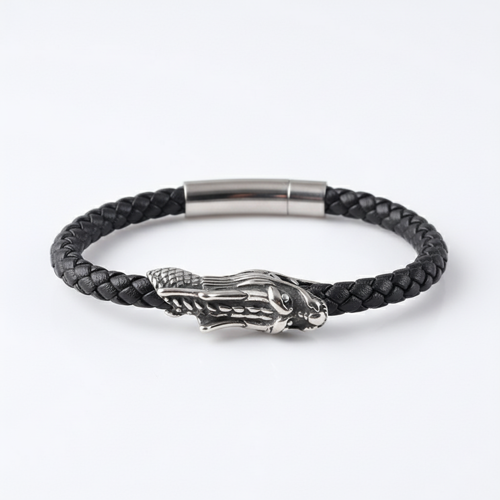 men's black braided leather bracelet with dragon head clasp