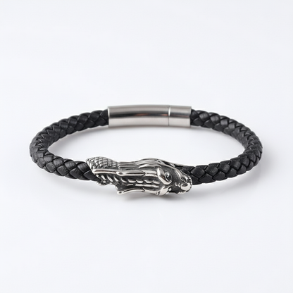 men's black braided leather bracelet with dragon head clasp
