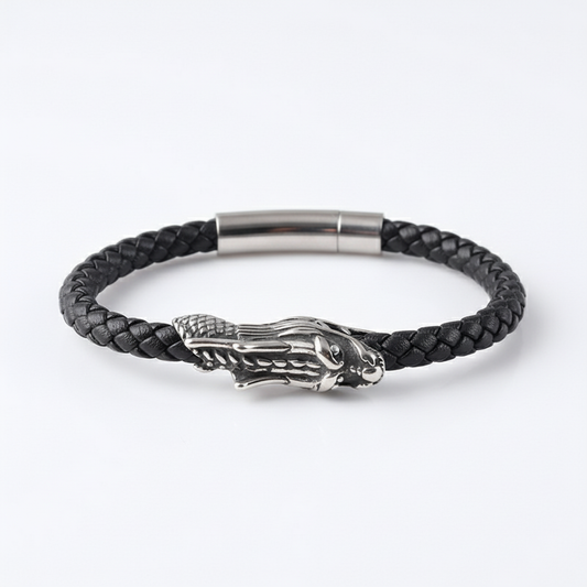 men's black braided leather bracelet with dragon head clasp