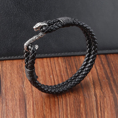 men's edgy black leather bracelet with snake hook clasp