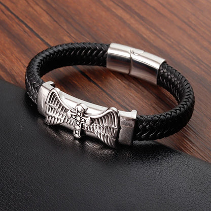 men's faith bracelet cross with wings leather band