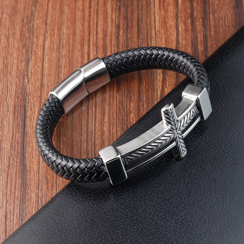 men's faith leather bracelet with silver cross detail