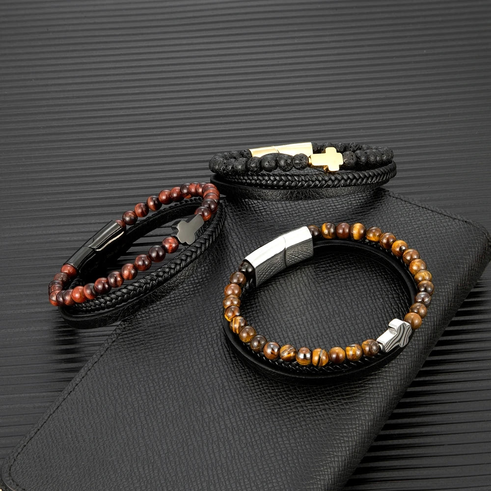 men's faith cross bracelet swith tiger eye beads and leather band