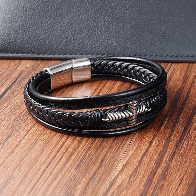men's faith bracelet cross symbol multi layer leather wristband