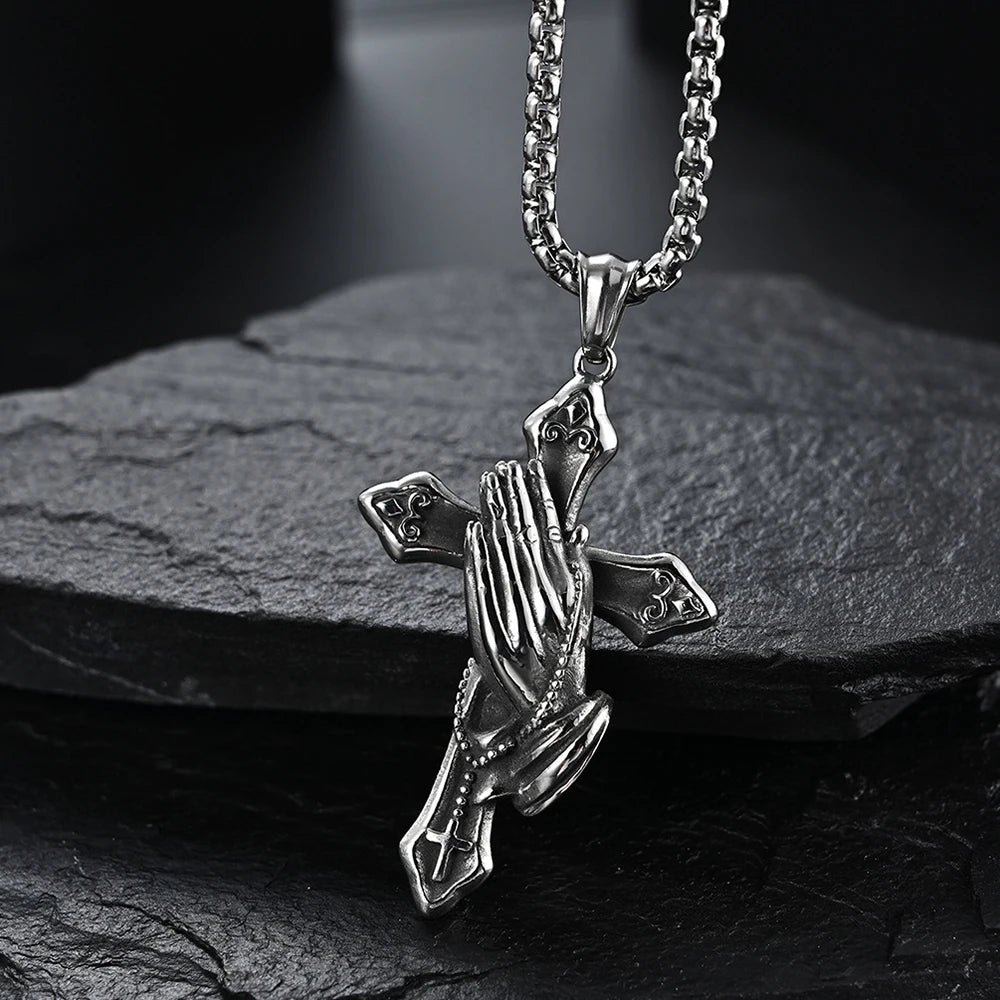 Men’s faith necklace with praying hands and cross pendant
