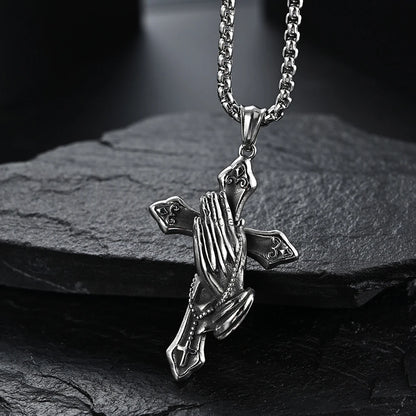Men’s faith necklace with praying hands and cross pendant