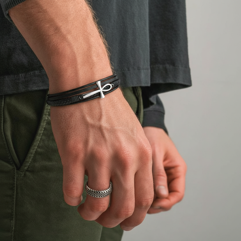 men's faith bracelet with ankh cross black leather wristband