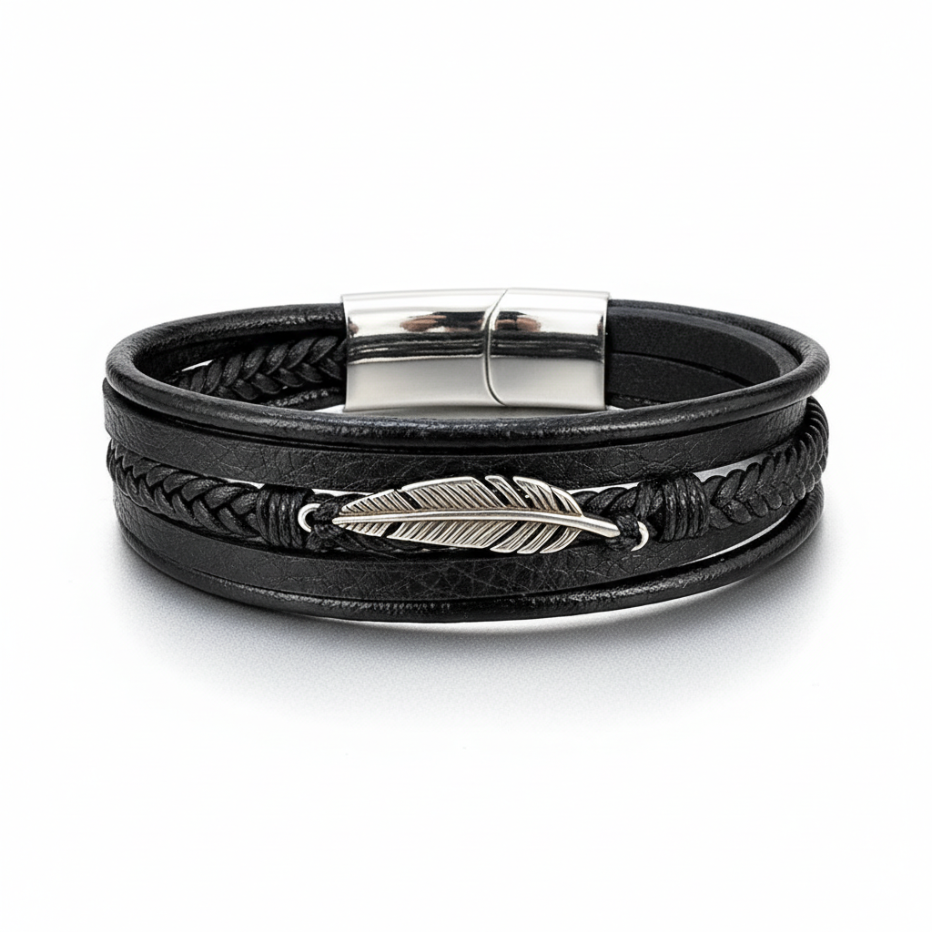 men's feather braided leather bracelet with stainless steel clasp
