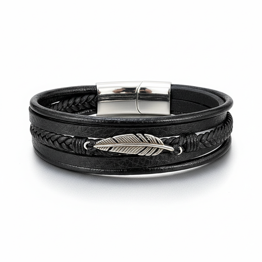 men's feather braided leather bracelet with stainless steel clasp