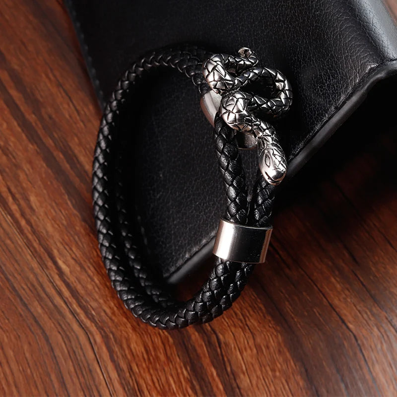 men's genuine leather bracelet with stainless steel snake detail