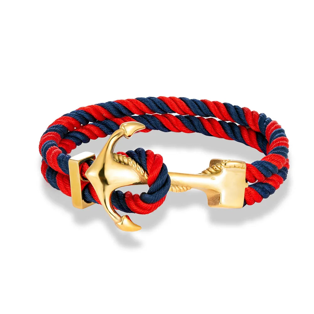 Men’s gold anchor rope bracelet with navy  blue and red marine cord wristband