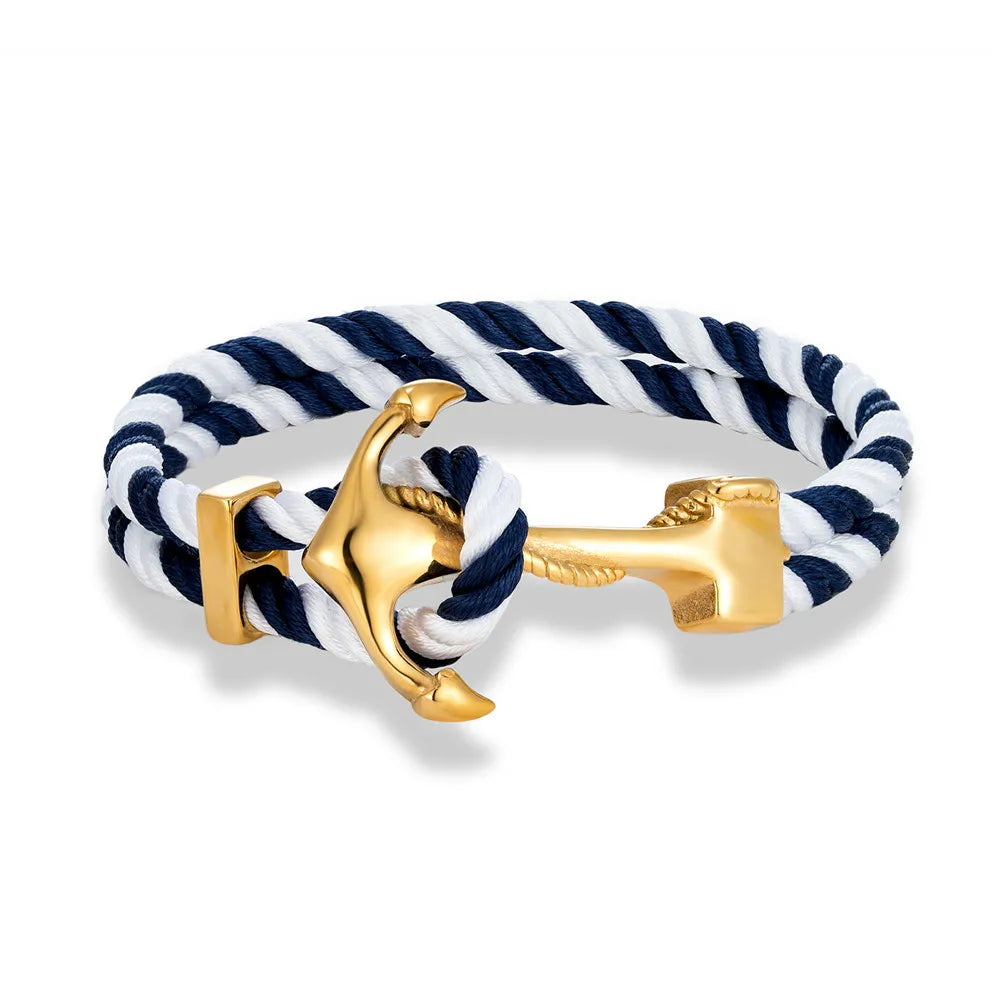 Men’s gold anchor rope bracelet with navy blue and white marine cord wristband