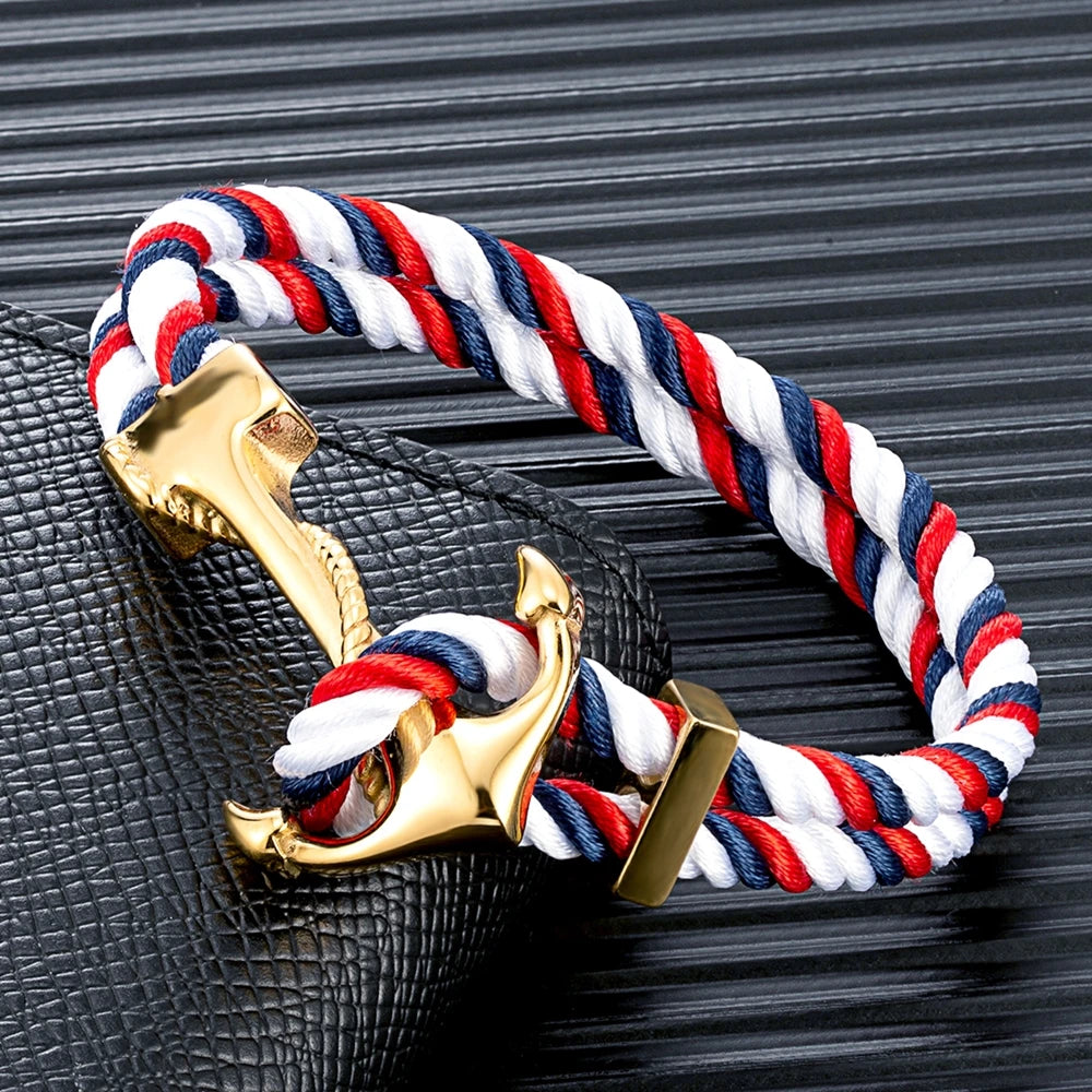 Coastal nautical rope bracelet for men gold anchor style