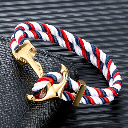 Coastal nautical rope bracelet for men gold anchor style