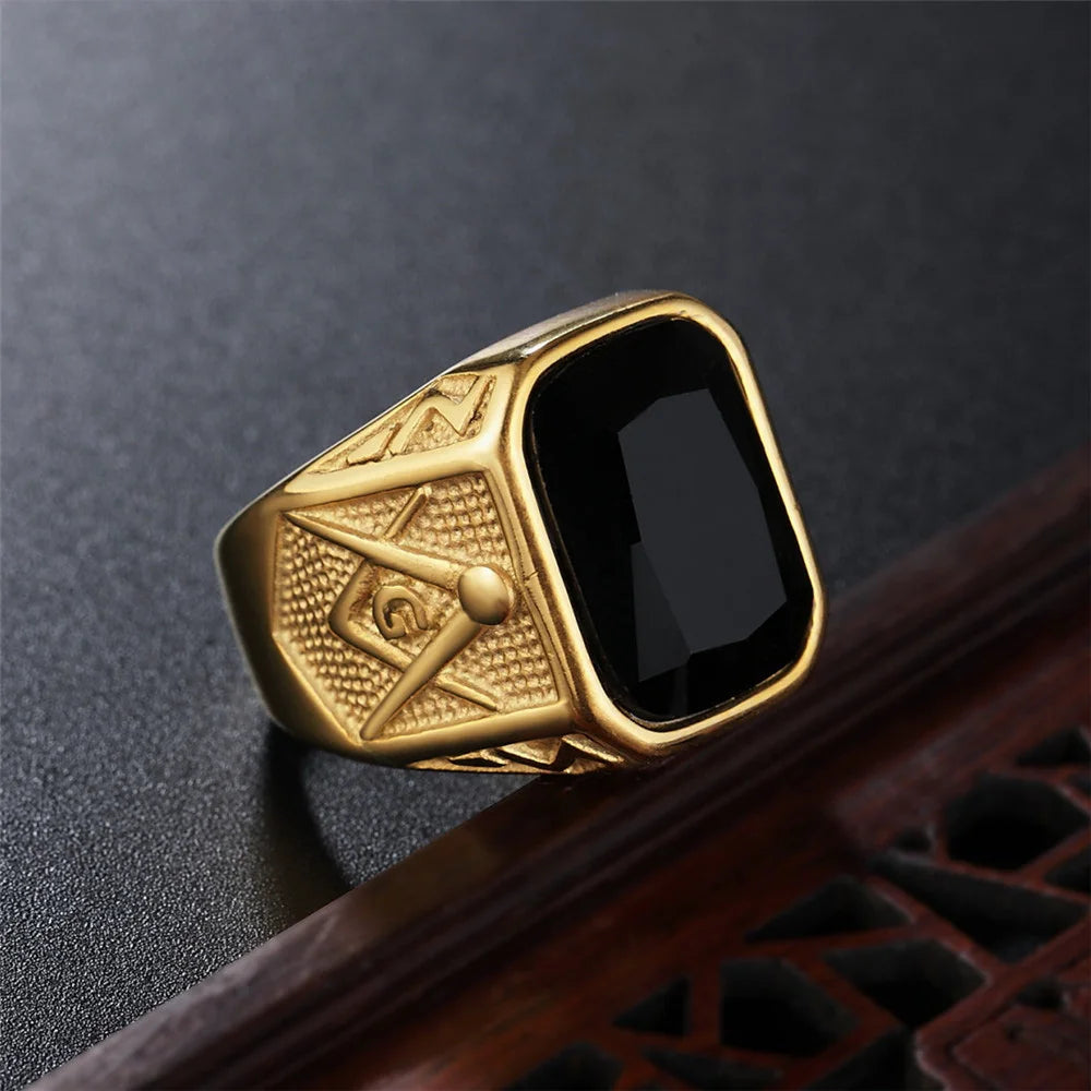 Men gold signet ring with black gemstone stainless steel
