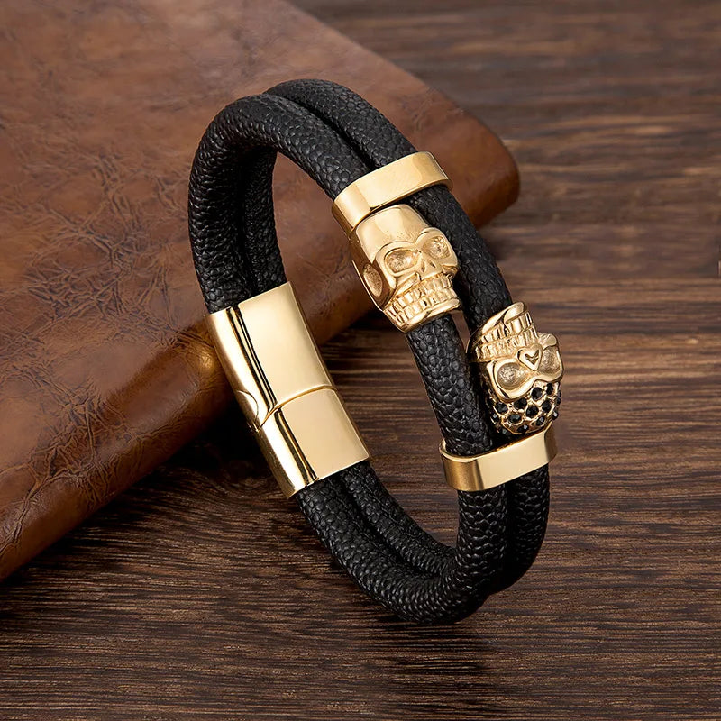 gothic gold skull leather bracelet for men with stainless steel clasp