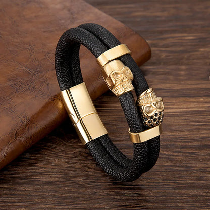 gothic gold skull leather bracelet for men with stainless steel clasp